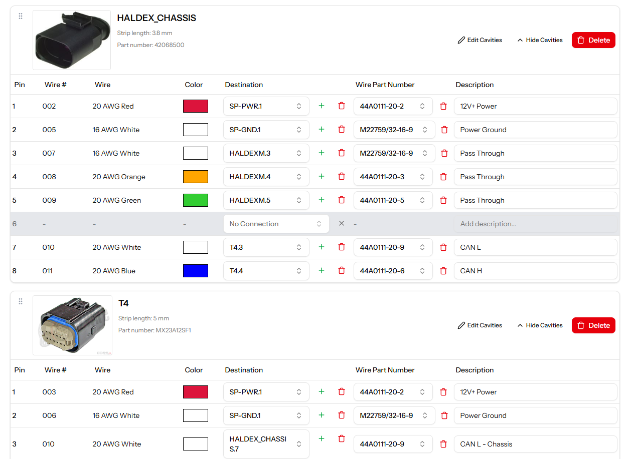 EZ Wire main harness design interface showing connector editing with cavity management and real-time validation